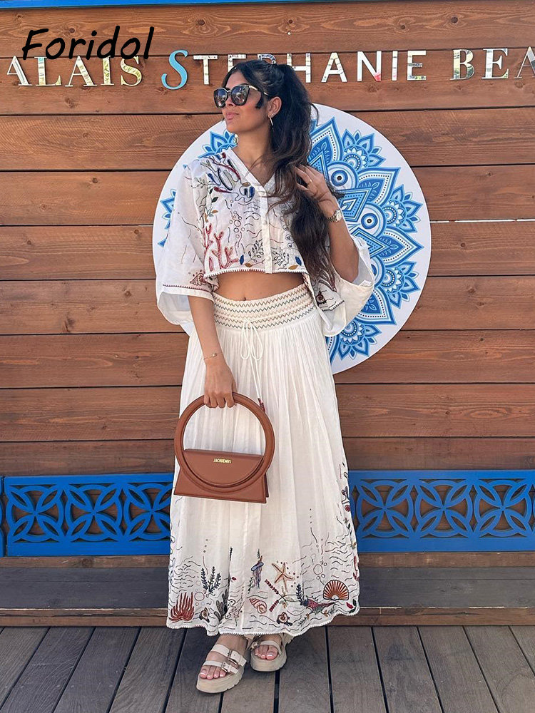 Summer Clothing Women Sale - Foridol-Jupe Maxi Brodée à Manches Chauve-Souris