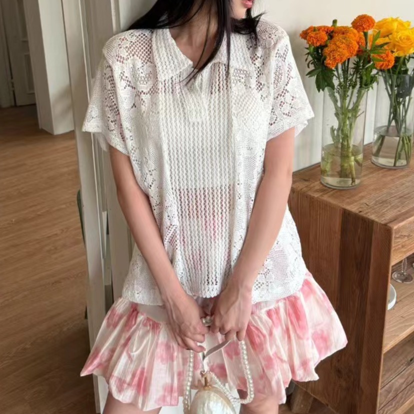 Summer Clothing Online Shopping - Chemise à col en dentelle rétro,