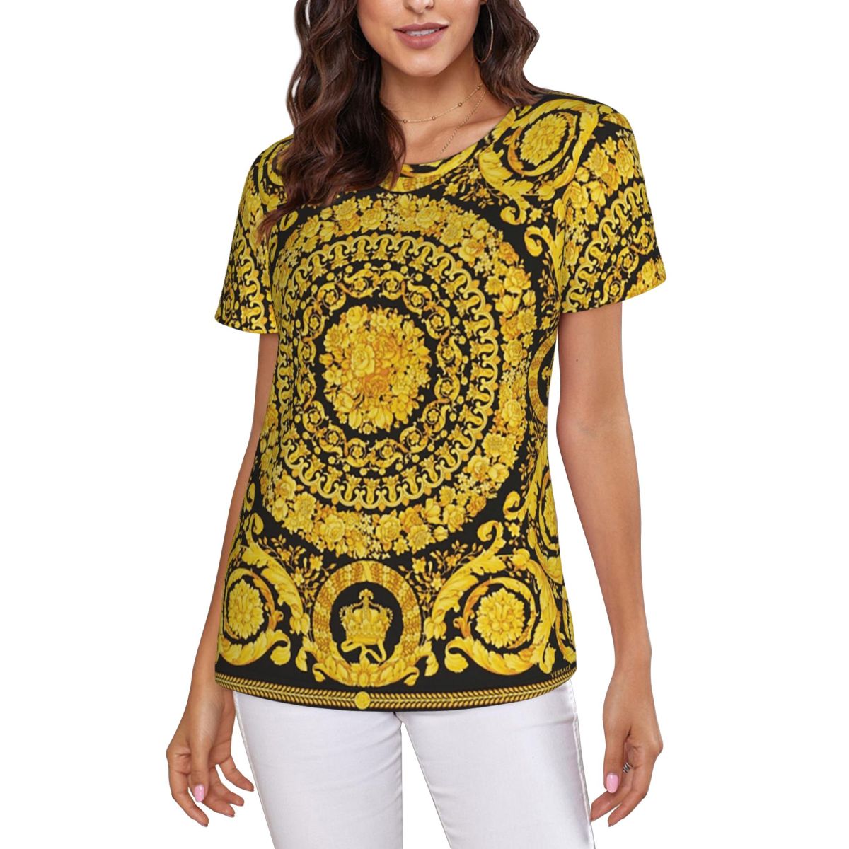 T-shirt décoratif doré à motif - Summer Clothing For 60 Year Old Woman avis et prix