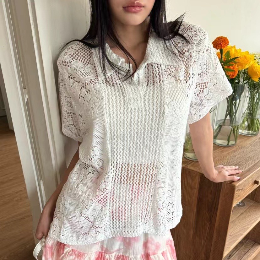 Chemise à col en dentelle rétr - Summer Clothing Online Shopping avis et prix